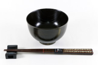 汁椀 古代欅と箸 彫金桜